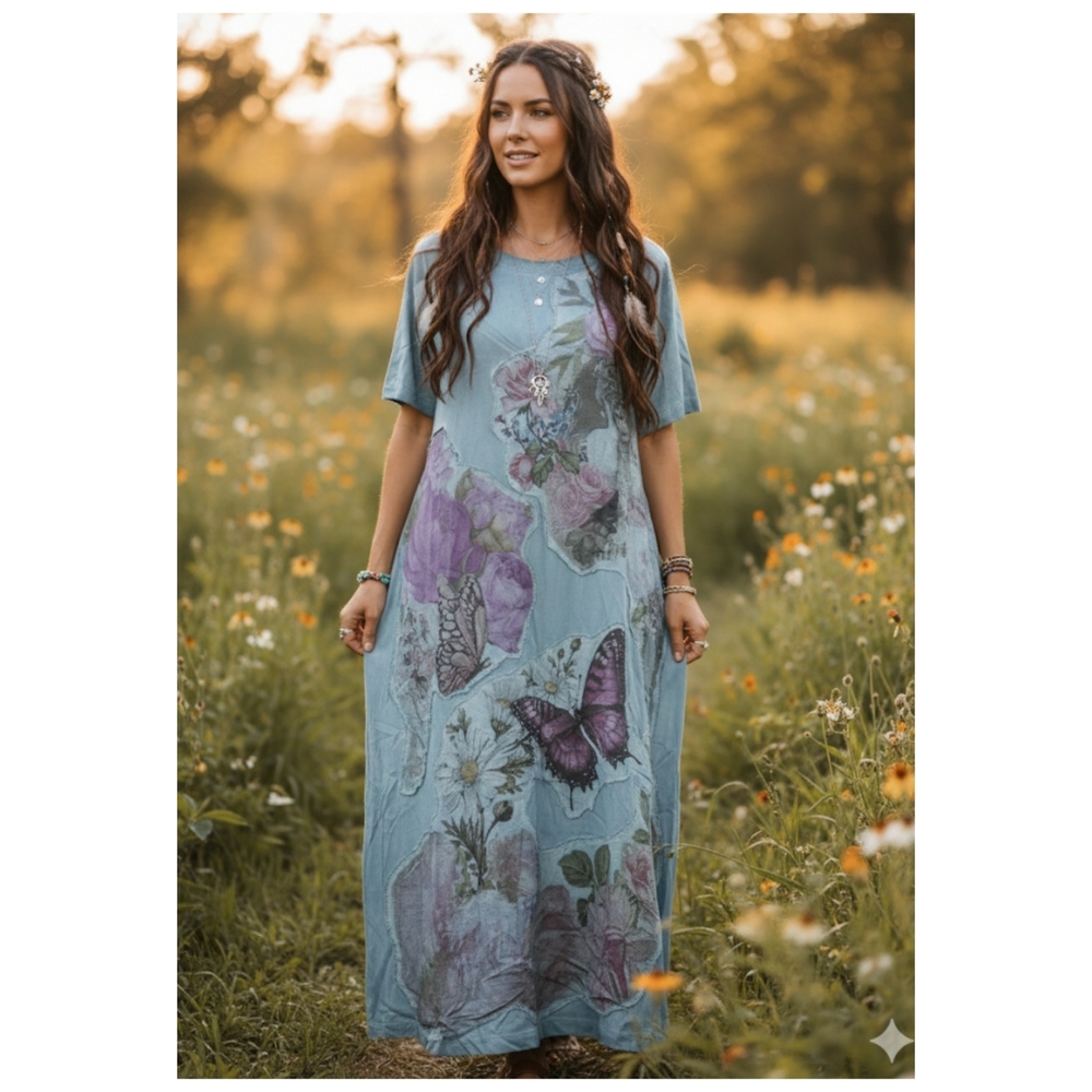 A Rare Bird Butterfly & Flower Patchwork Maxi Dress